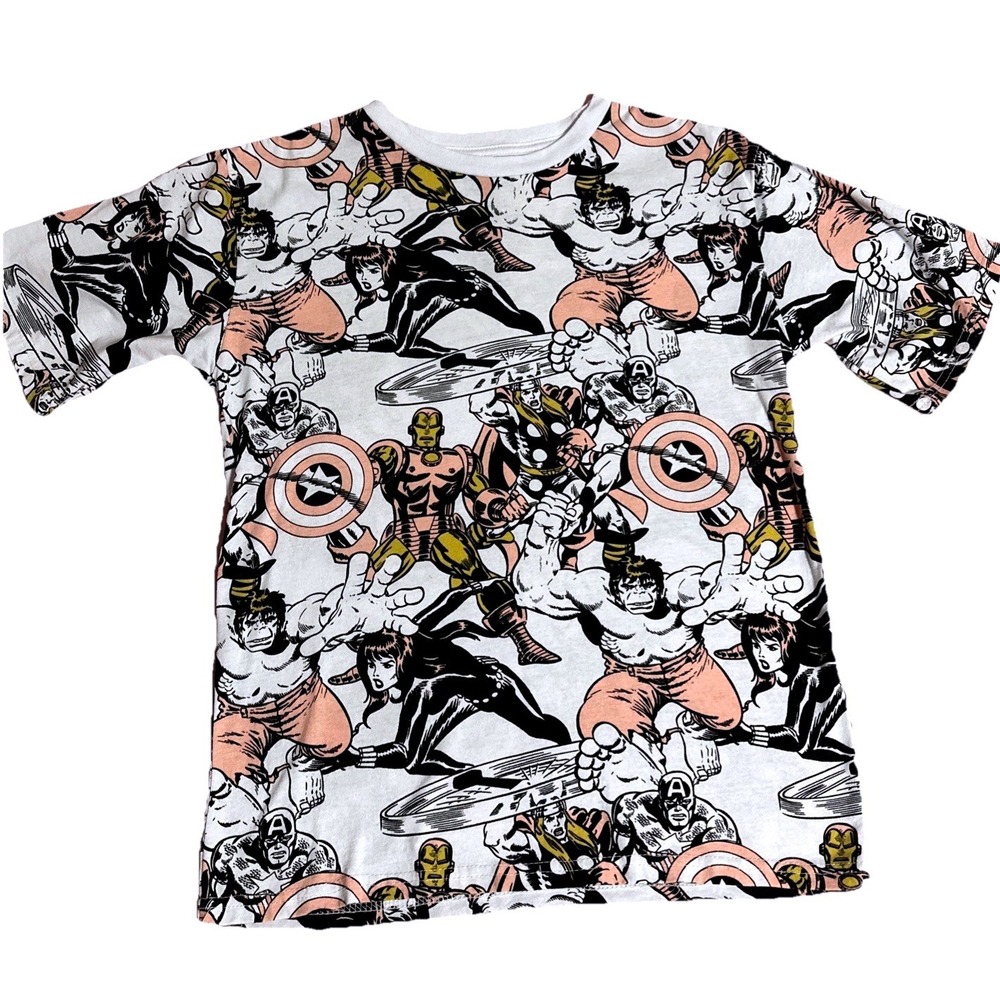Marvel Avengers All Over Print T-Shirt Boys Large 14 Retro Comic White Tee